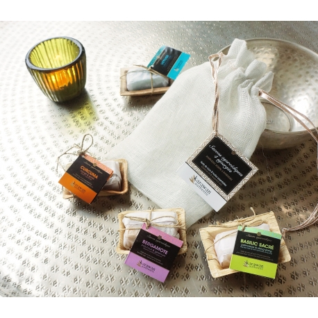 4 Ayurvedic mini-soaps in an organic linen pouch