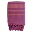 Fouta en coton biologique coloris FUSHIA. Tissage à plat et tissage nid d'abeille alternant rayures bicolores