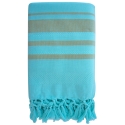 Fouta en coton biologique coloris TURKUAZ. Tissage à plat et tissage nid d'abeille alternant rayures bicolores